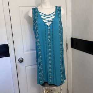 Love Reign Teal Blue Embroidered Dress Criss Cross V Neck Sleeveless Womens XL